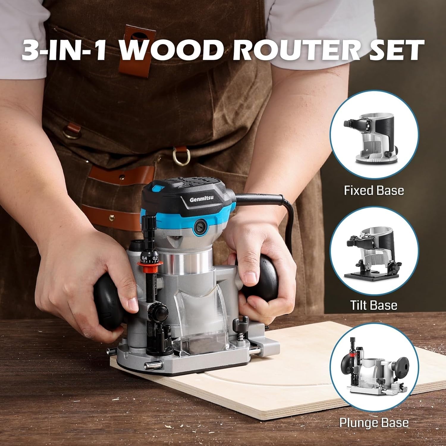 Genmitsu 1.25 HP Palm Trimmer Router Kit, Compact Router Wood Tool With Fixed Base/Plunge Base & Tilt Base, 6 Variable Speeds 10000-30000 R/MIN