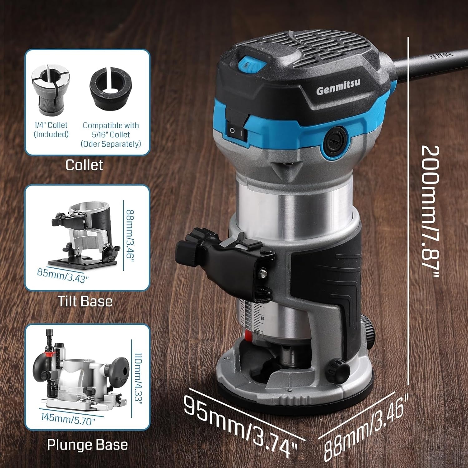 Genmitsu 1.25 HP Palm Trimmer Router Kit, Compact Router Wood Tool With Fixed Base/Plunge Base & Tilt Base, 6 Variable Speeds 10000-30000 R/MIN