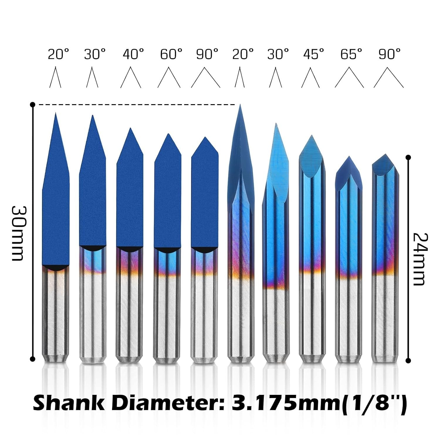 Genmitsu 10 Pcs 1/8'' Shank CNC Router Bits Set, Flat V-bit & Triangular V-bit, 20 /30 /45 /60 /90 Degree 0.1mm Tip, Nano Blue Coat