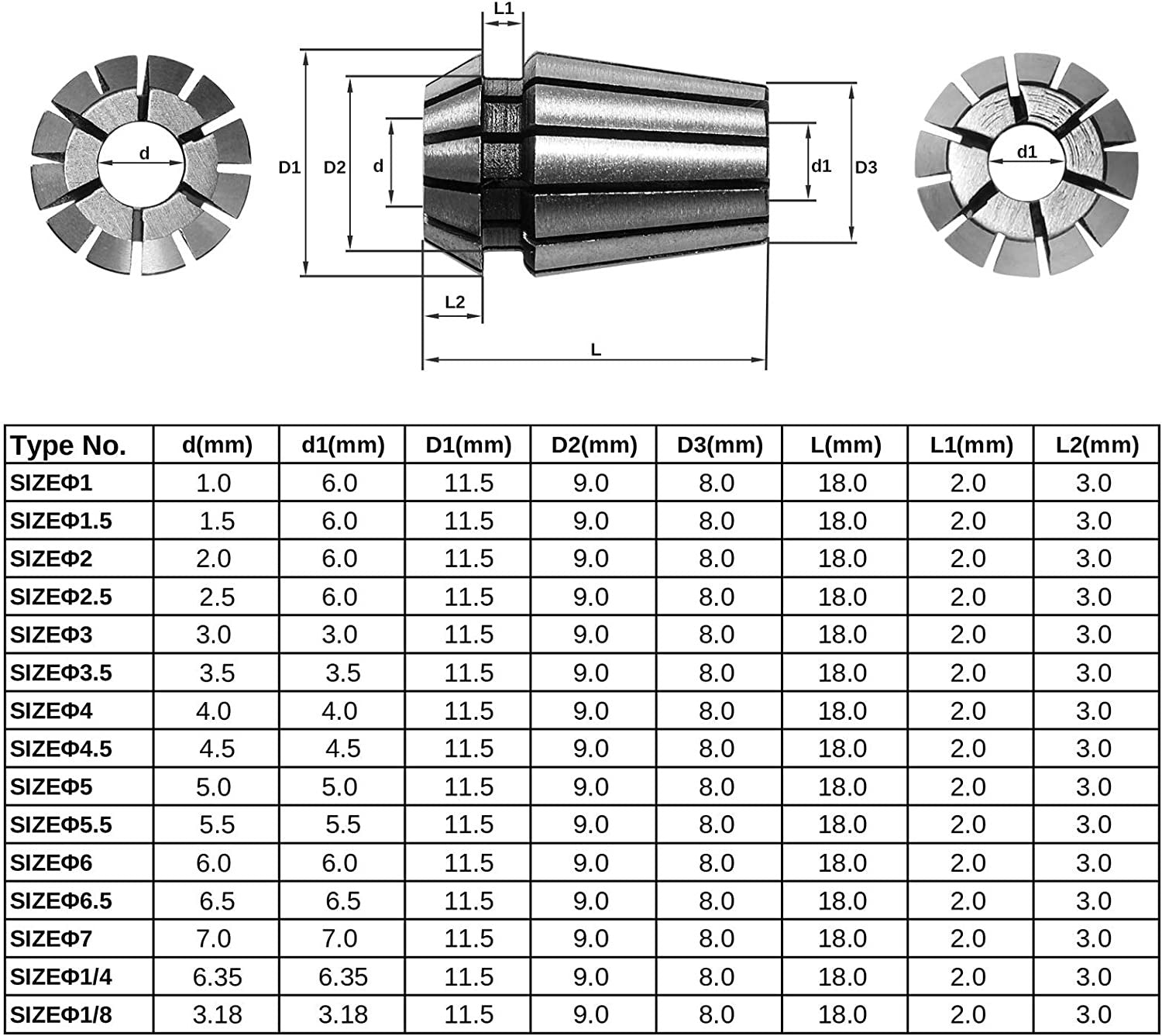 Genmitsu 15PCS ER11 Precision Spring Collet Set for CNC Engraving Milling Lathe Chuck Tool, 1.0mm-7.0mm & 1/4", 1/8"