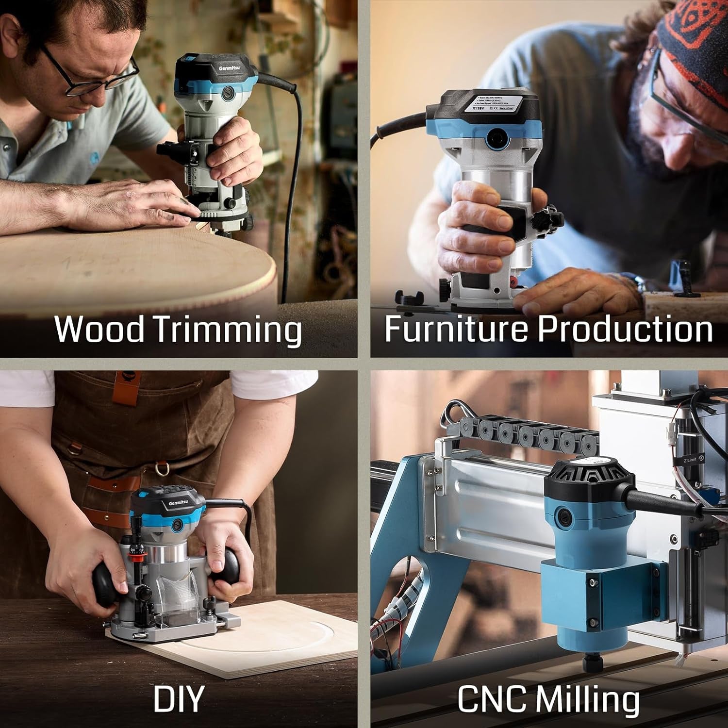 Genmitsu 1HP 65mm Diameter Palm Trimmer Router, 30000 RPMCompact Router Wood Tool With Fixed Base, with 1/4“ Collet, Perfect for CNC Woodworking & DIY