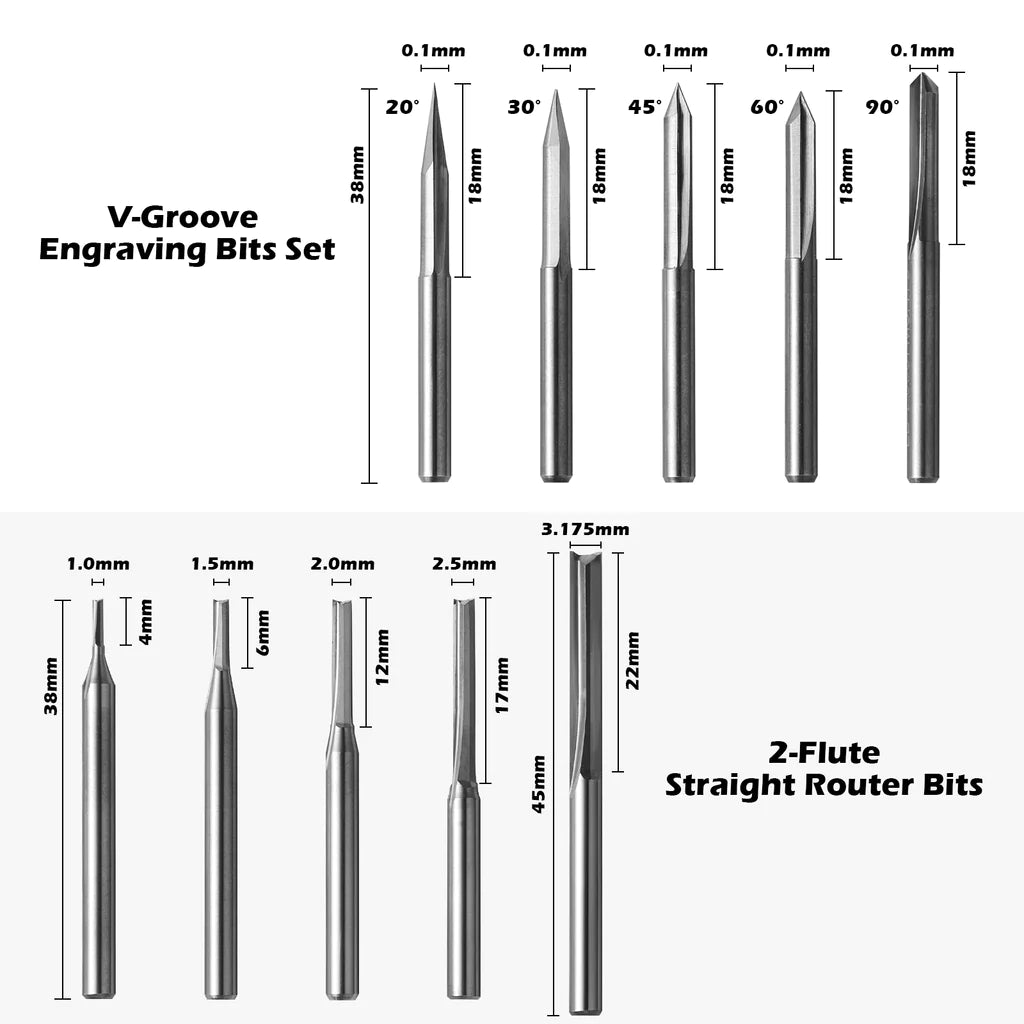 Genmitsu 50pcs Tungsten Carbide End Mill Router Bits, 1/8'' Shank CNC Cutter Milling Carving Bit Set Including 2-Flute Straight Router Bits, Flat Nose