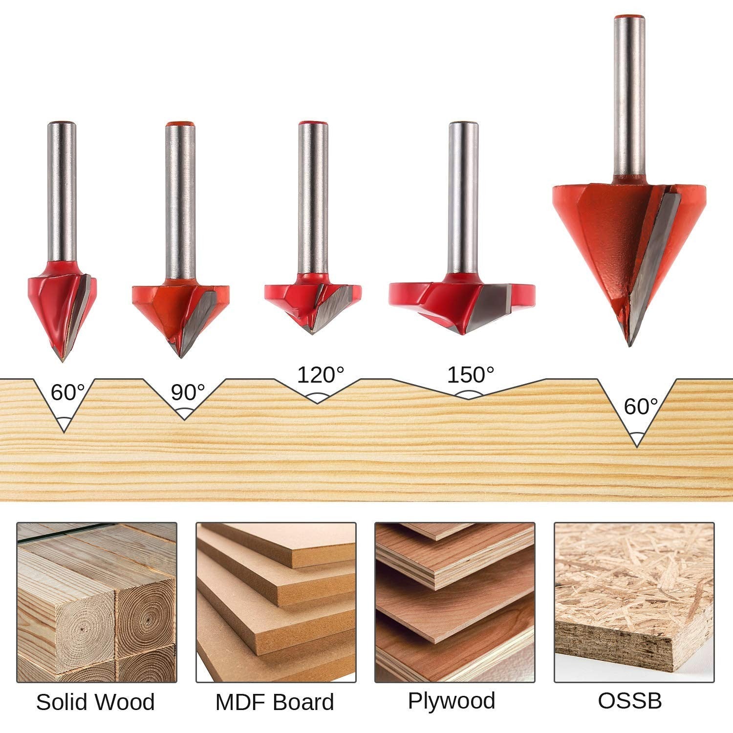 Genmitsu 5PCS V-Groove Router Bits Set, 6mm Shank, 3D V Shape Milling Wood Cutter Knife CNC Engraving Router Bit, VG05A
