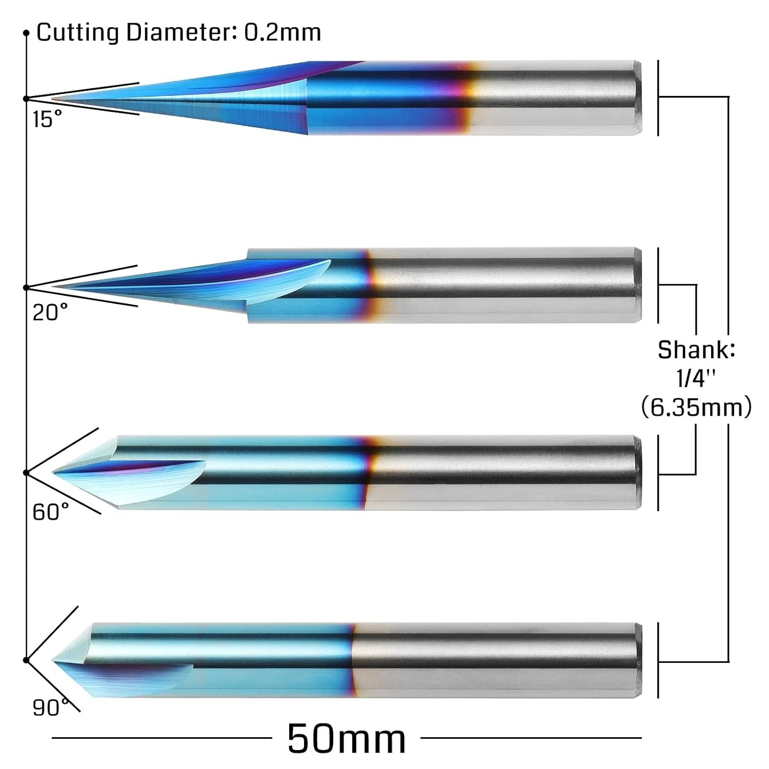 Genmitsu CNC Wood Carving Router Bits Set, 1/4'' Shank, 4 PCS, 15° Detail Carving Liner+ 20° Profile bit+ 60° & 90° V Groove, WC04A