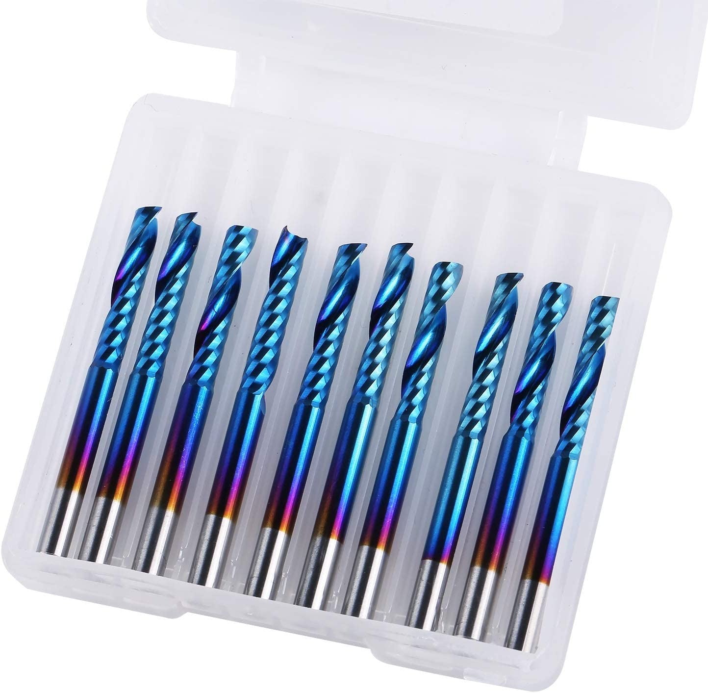 SainSmart Genmitsu 10Pcs Nano Blue Coat Flat Nose End Mill CNC Router Bits, 1/8" Shank Spiral Upcut Single 1 Flute End Mill Set