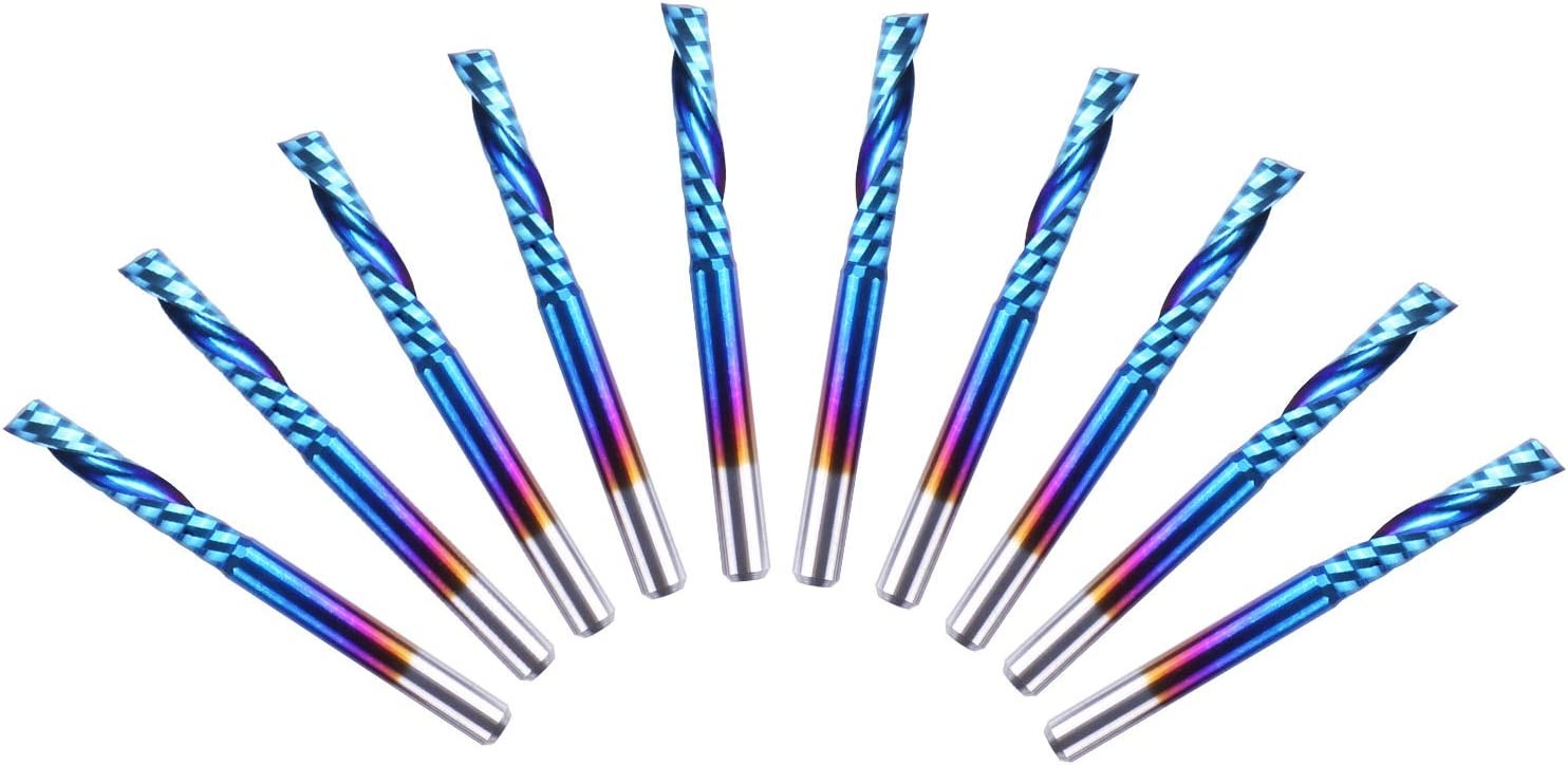 SainSmart Genmitsu 10Pcs Nano Blue Coat Flat Nose End Mill CNC Router Bits, 1/8" Shank Spiral Upcut Single 1 Flute End Mill Set