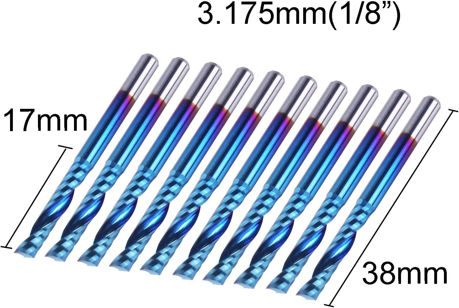 SainSmart Genmitsu 10Pcs Nano Blue Coat Flat Nose End Mill CNC Router Bits, 1/8" Shank Spiral Upcut Single 1 Flute End Mill Set