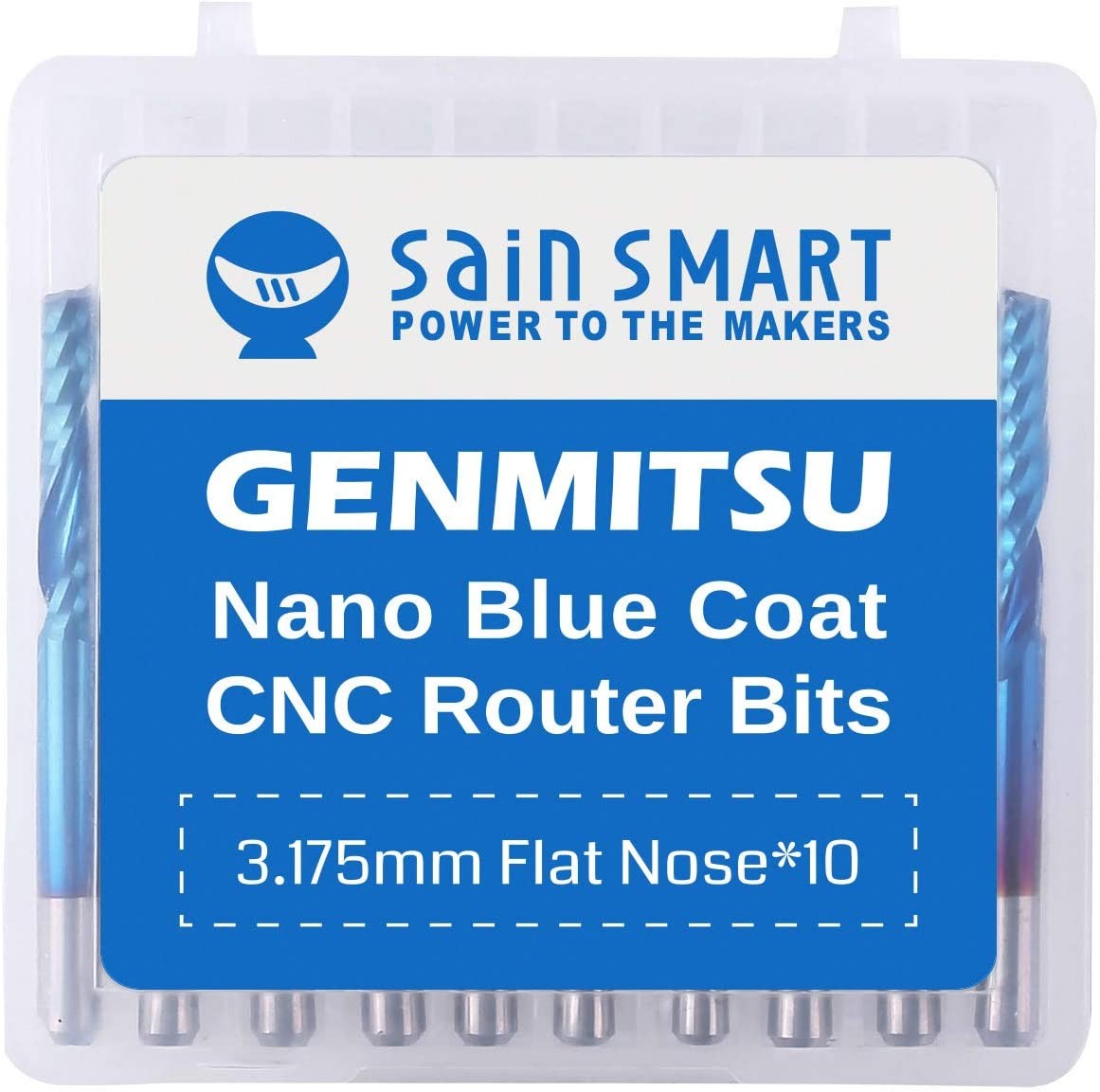 SainSmart Genmitsu 10Pcs Nano Blue Coat Flat Nose End Mill CNC Router Bits, 1/8" Shank Spiral Upcut Single 1 Flute End Mill Set