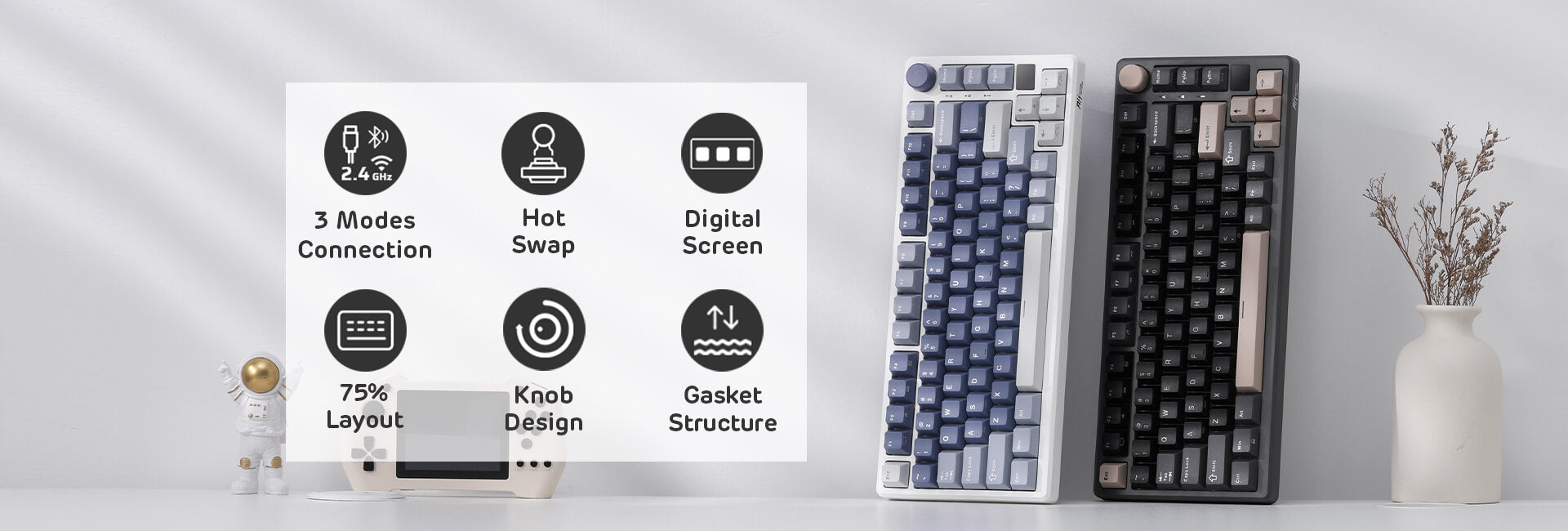 RK ROYAL KLUDGE M75 Mechanical Keyboard, RGB, 2.4Ghz/BT/Wired, Customized Switches, Black, Mixed Color