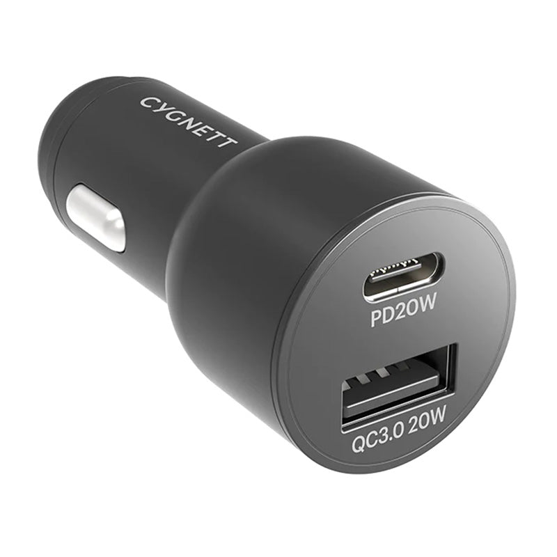 Cygnett CarPower 20W Dual Port Car Charger with 20W USB-C PD + 20W QC 3.0 - Black
