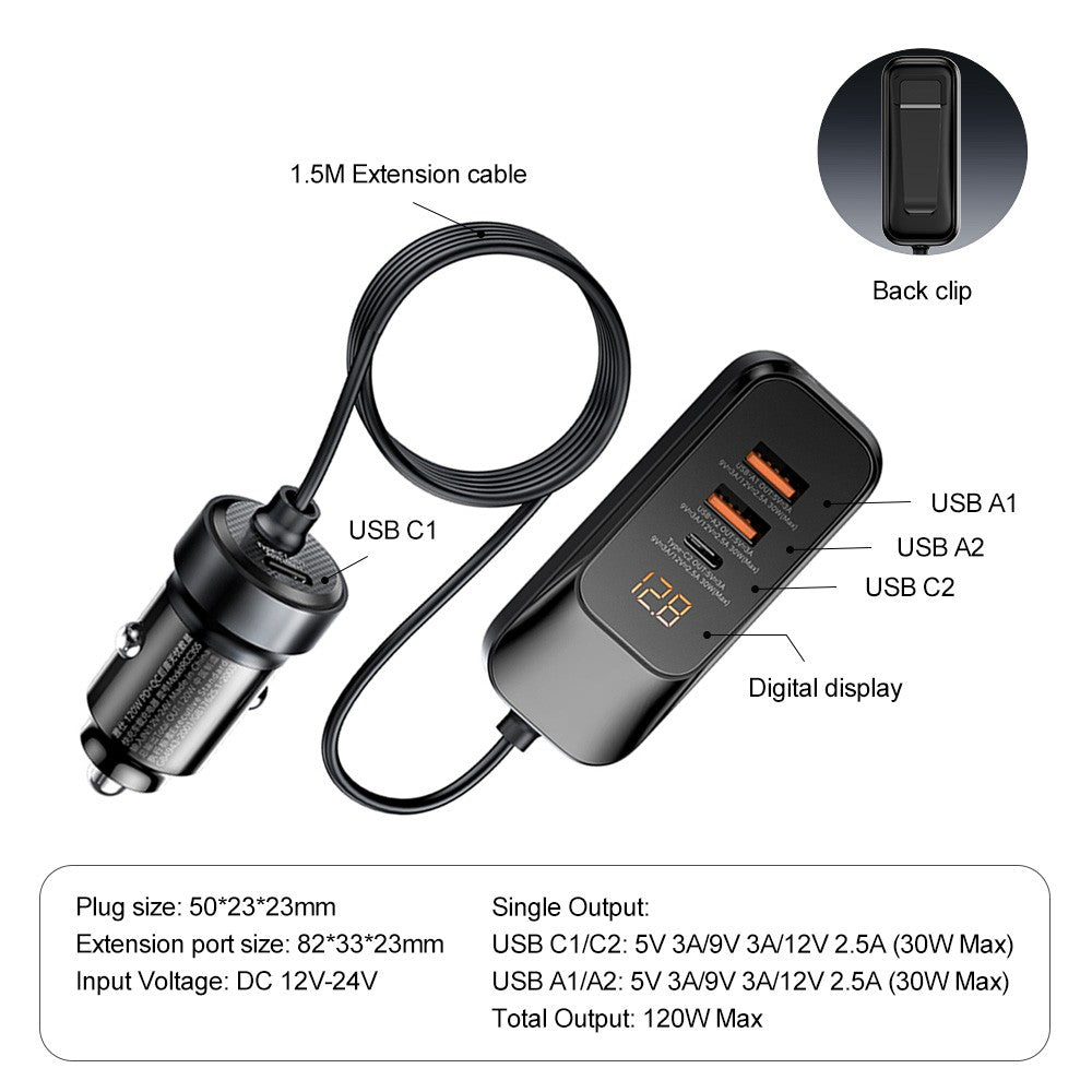 SEEDREAM Car Charger 4-Port 120W max,with 1.5m Extension Cable for Rear Seats,Car Cigarette Lighter Adapter with LED Digital Display, PD 30W & QC 30W