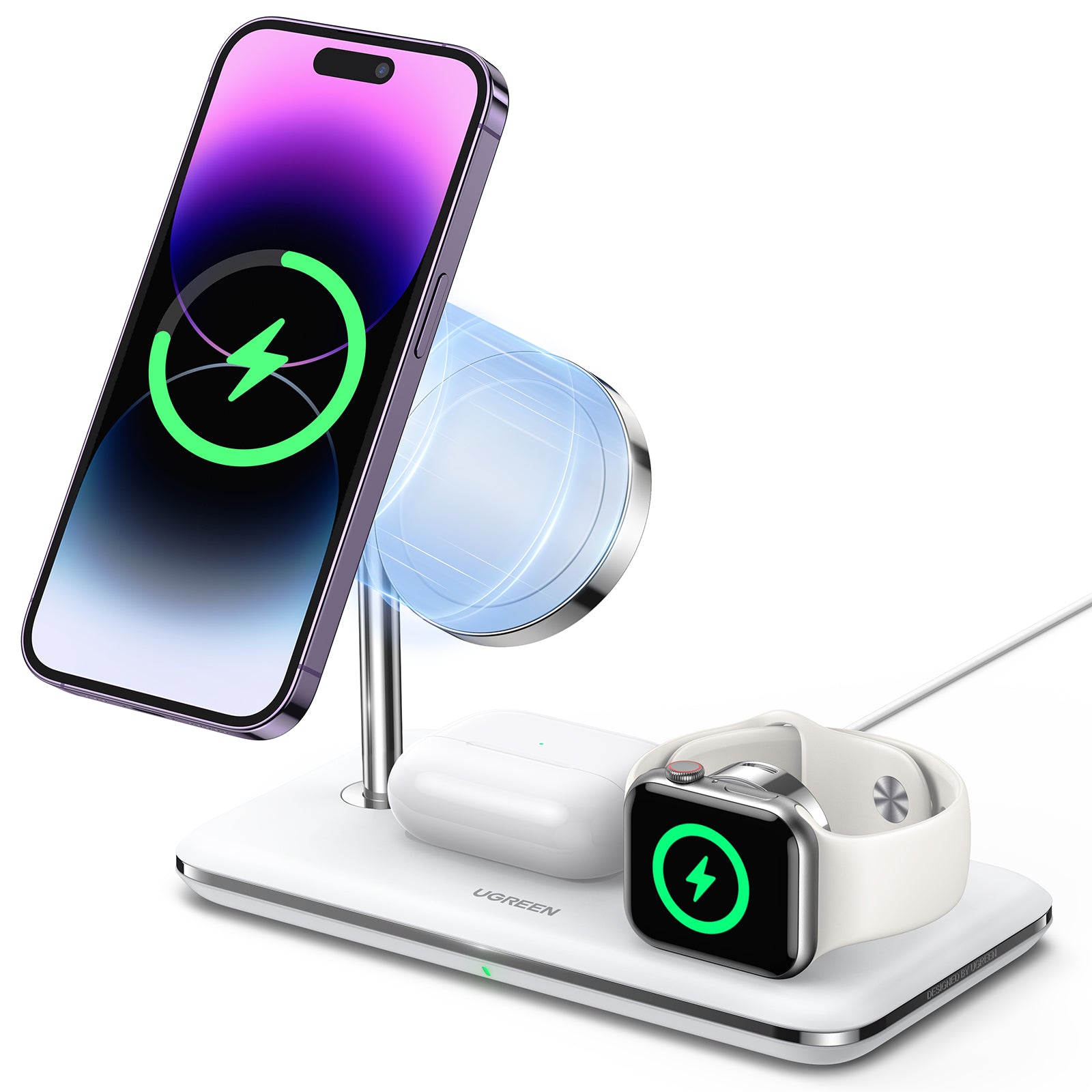 UGREEN MagFlow Qi2 Wireless Charger 25W 3 in 1 Wireless Charger Wireless Charging Station MagSafe Compatible for iPhone 16/15/14/13/12 MagSafe Seri