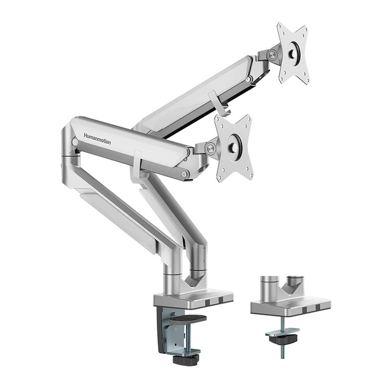 Humanmotion Dual Screen Epic Gas Spring Aluminum Steel Monitor Arm for up to 17in-32in 2-9kg - Matte Silver