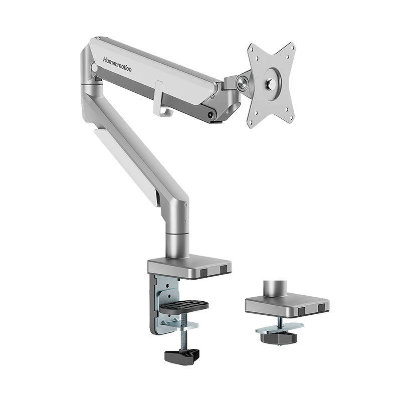 Humanmotion Single Screen Epic Gas Spring Aluminum Steel Monitor Arm for up to 17in-32in 2-9kg - Matte Silver