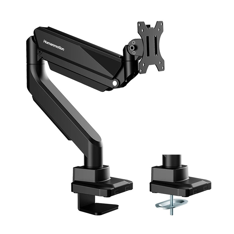 Humanmotion Single Screen Heavy Duty Epic Gas Spring Aluminum Steel Monitor Arm for up to 17in-49in 1-18kg - Matte Black