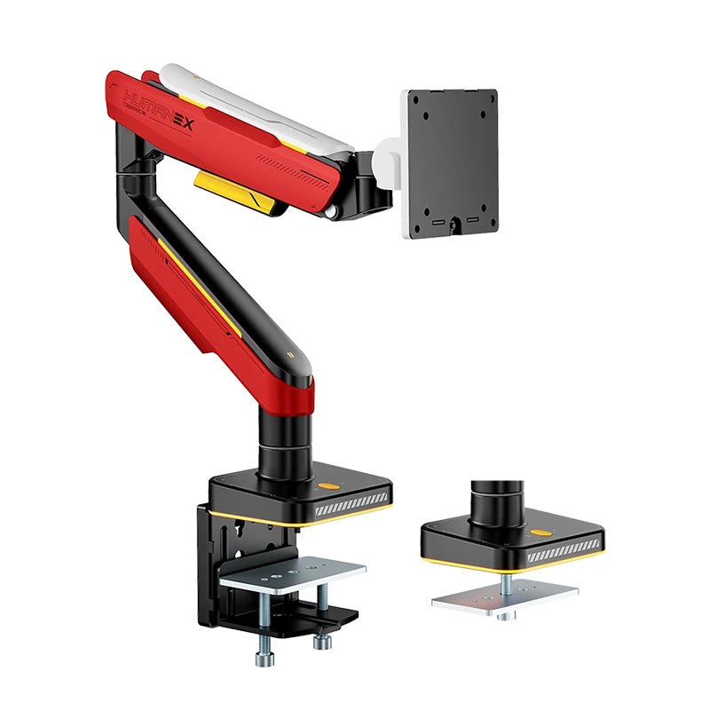 Humanmotion T18 Single Screen Heavy Duty Aluminum Steel Monitor Arm for up to 17in-49in 2-20kg - Matte White and Red