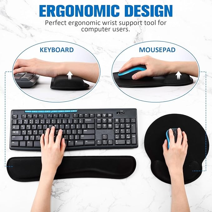 Keyboard & Mouse Pad Combo with Memory Foam Wrist Support Dual Cushion Set for Mac/PC, Office & Gaming, Anti-Slip Base, Black