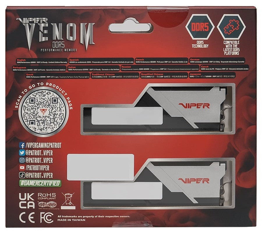 PATRIOT MEMORY VIPER VENOM DDR5 6000MT/s CL30 32GB UDIMM Desktop Gaming Memory Kit - PVV532G600C30K - Intel XMP 3.0 / AMD EXPO supported