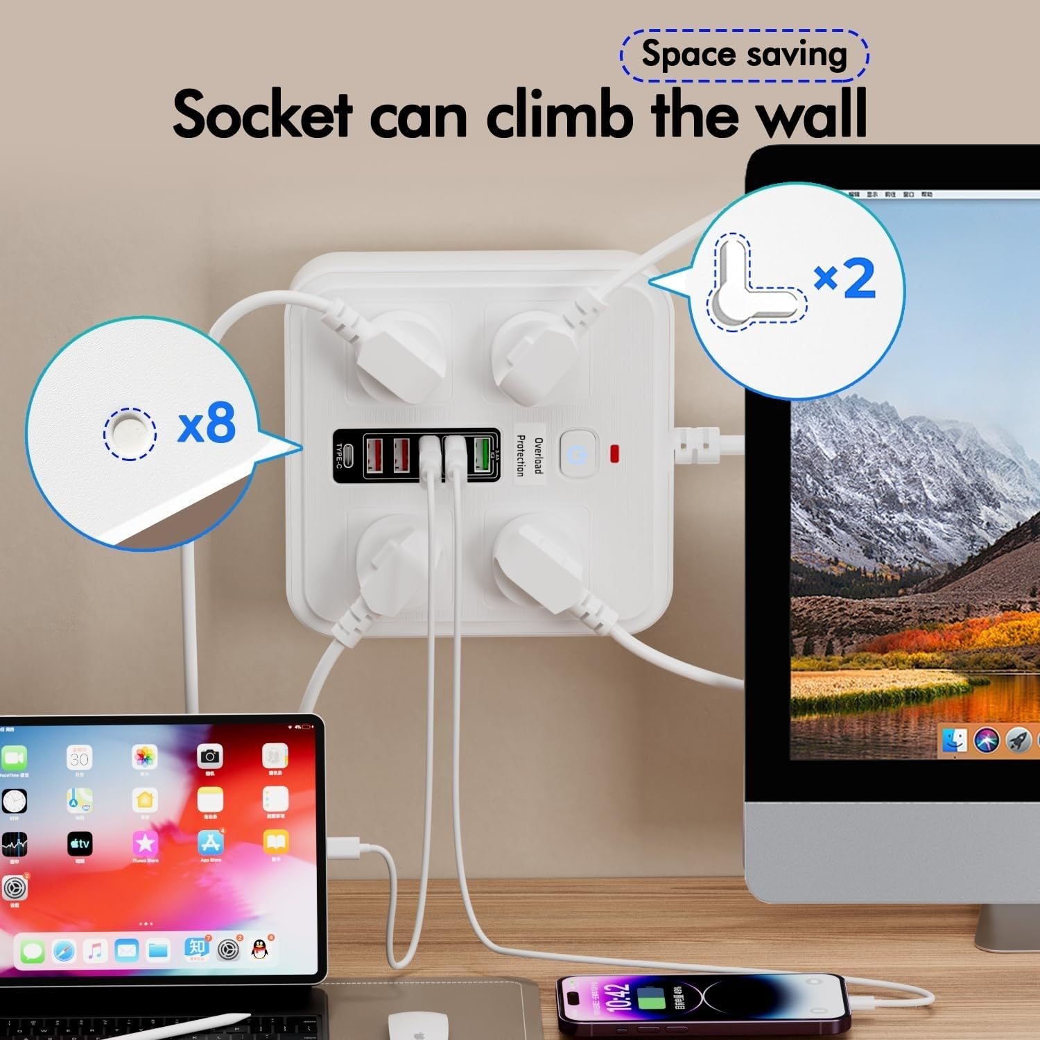 Powerboard USB 10in1 Power Board with Surge Protection Smart USB C Power Board with 4-Outlets Wall Mountable Powerboard with Switch Childproof Design