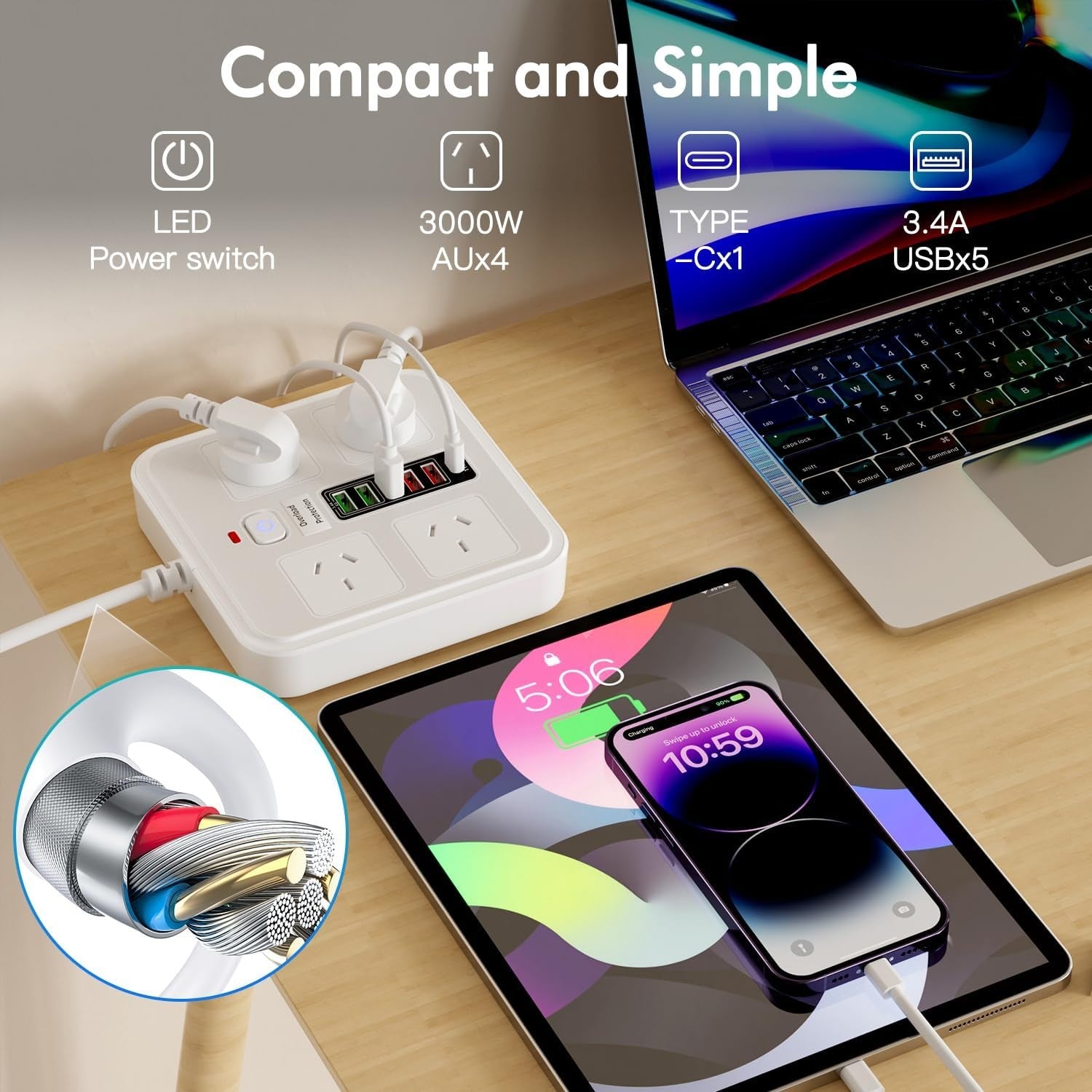 Powerboard USB 10in1 Power Board with Surge Protection Smart USB C Power Board with 4-Outlets Wall Mountable Powerboard with Switch Childproof Design