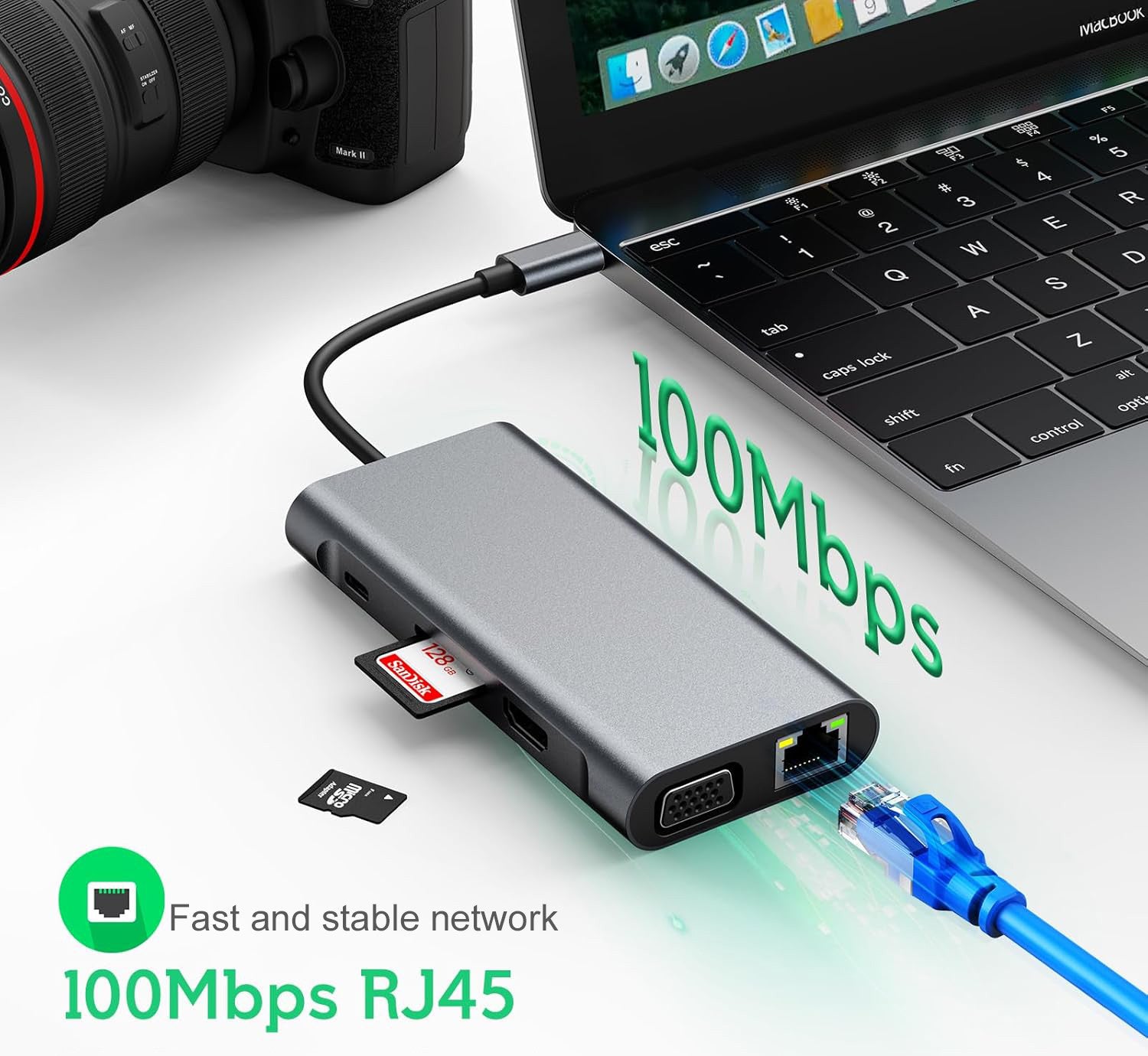 USB C HUB 10 In 1 Docking Station 4K HDMI Type C Adapter VGA RJ45 Ethernet USB 3.0 Ports Type C PD SD/TF Audio HDMI Adapter USB Splitter USB Expander