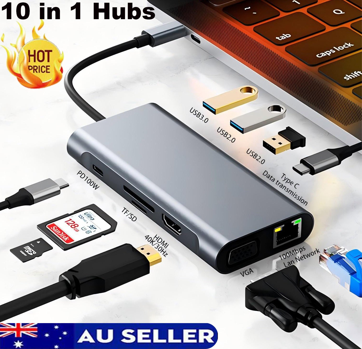 USB C HUB 10 In 1 Docking Station 4K HDMI Type C Adapter VGA RJ45 Ethernet USB 3.0 Ports Type C PD SD/TF Audio HDMI Adapter USB Splitter USB Expander