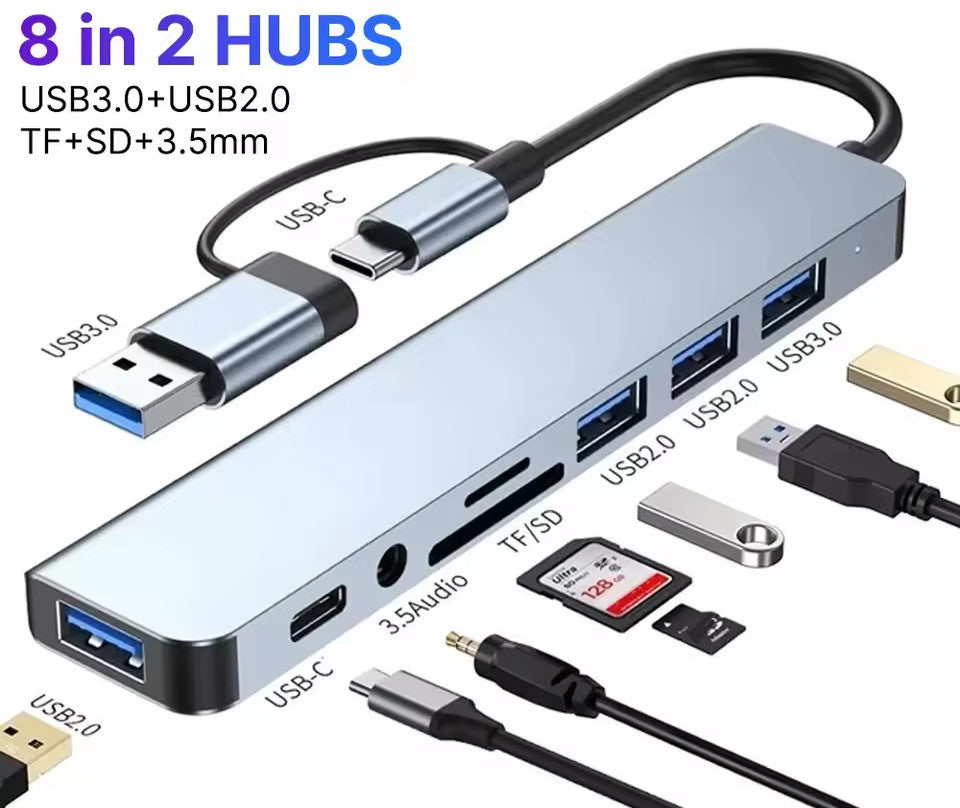 USB C Hub USB Splitter 8 in 2 USB Extender with 4 USB Port 1 USB C Jack TF/SD Card Reader 3.5mm Audio Output for MacBook / iPad / iPhone / Laptop