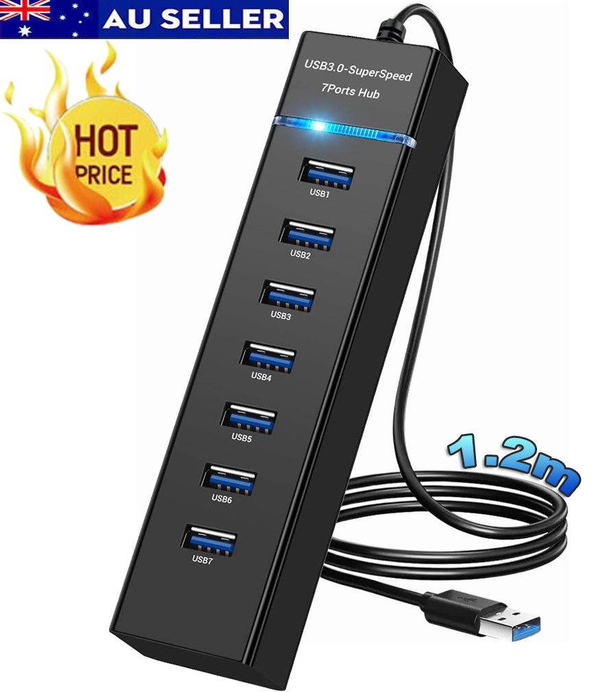 USB Hub 3.0 7-Ports USB Hub Splitter Extender 5Gbps Data with 4ft Cable for Laptop, PC, MacBook, Surface Pro, Windows, Flash Drive, Mobile HDD