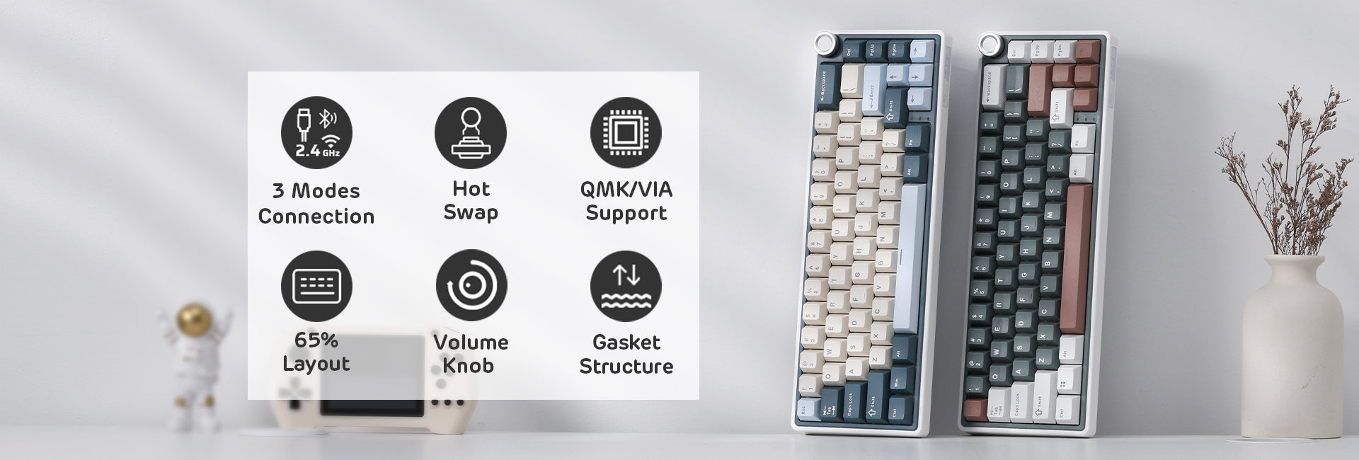 RK ROYAL KLUDGE R65 Mechanical Keyboard, RGB, 2.4Ghz/BT/Wired, Customized Switches, Green, Mixed Color