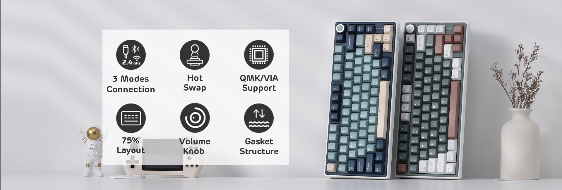 RK ROYAL KLUDGE R75Pro Mechanical Keyboard, RGB, 2.4Ghz/BT/Wired, Customized Switches, Blue, Mixed Color