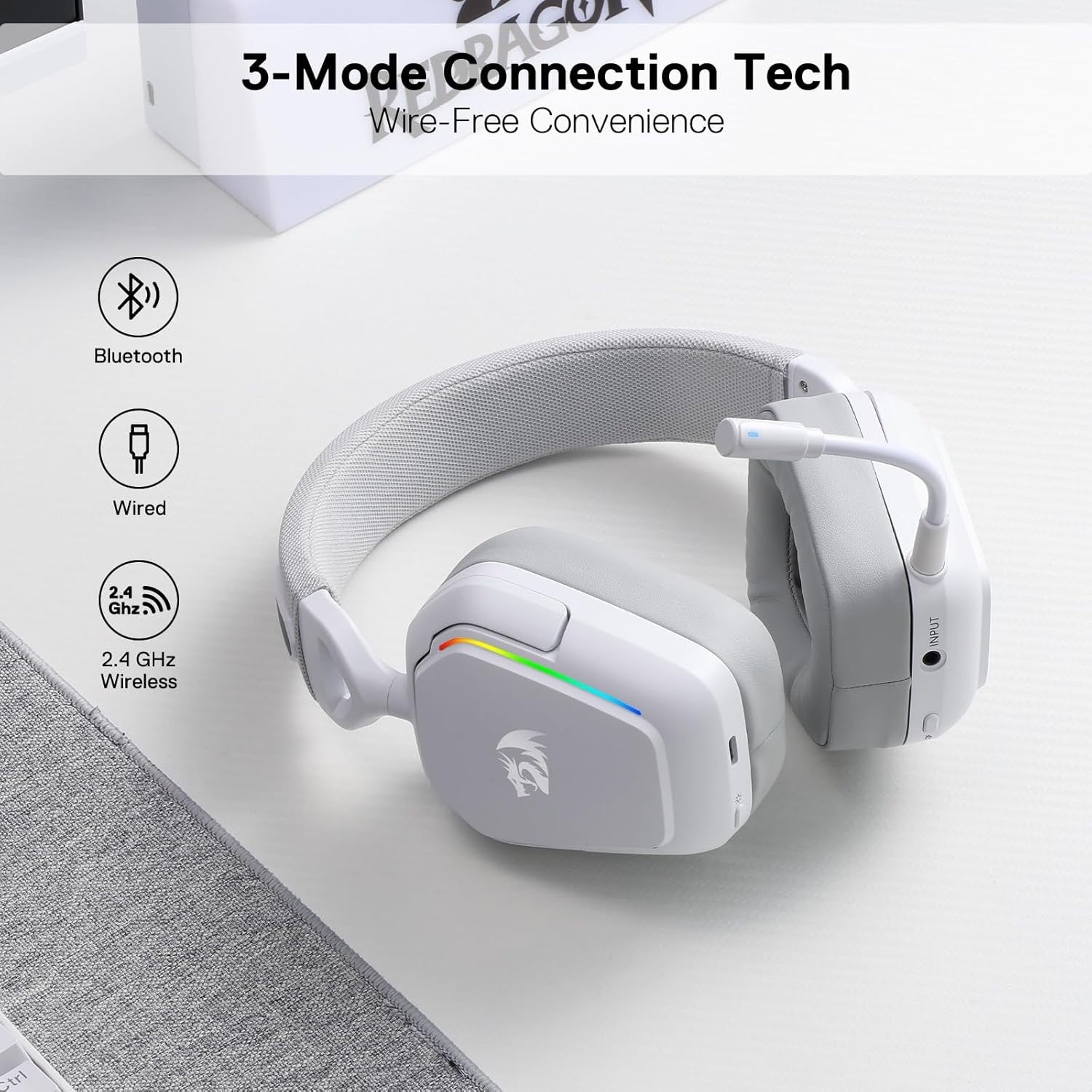 Redragon H868 3-Mode Wireless RGB 7.1 Surround Sound 40 mm Drivers Noise-canceling Microphone Over-Ear Headphones Gaming Headset