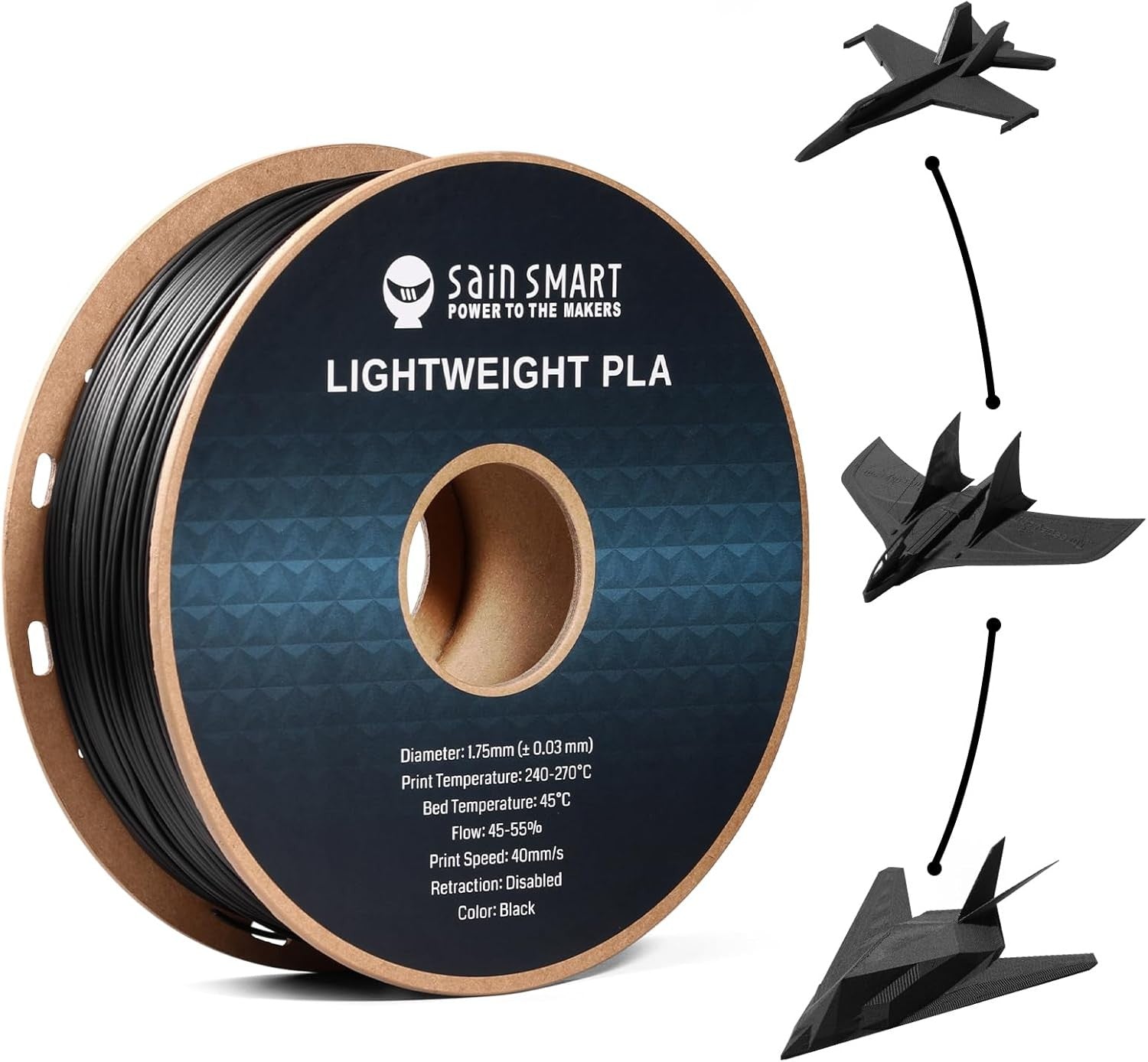 SainSmart Light Weight Filament 1.75mm, LW-PLA Low-Density Active Foaming 3D Printer Filament for RC Planes Drone Parts and Cosplay, Black PLA Filamen