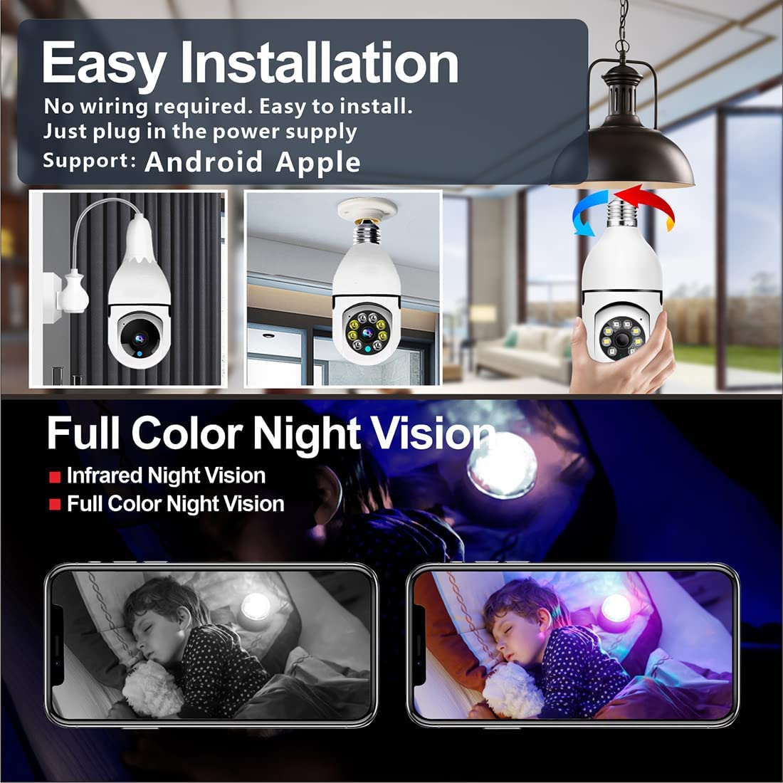 Security Camera Light Bulb Camera 1080P Color Night Vision 2.4GHz WiFi Home Surveillance Cameras E27 Two-Way Audio Works with Alexa Google