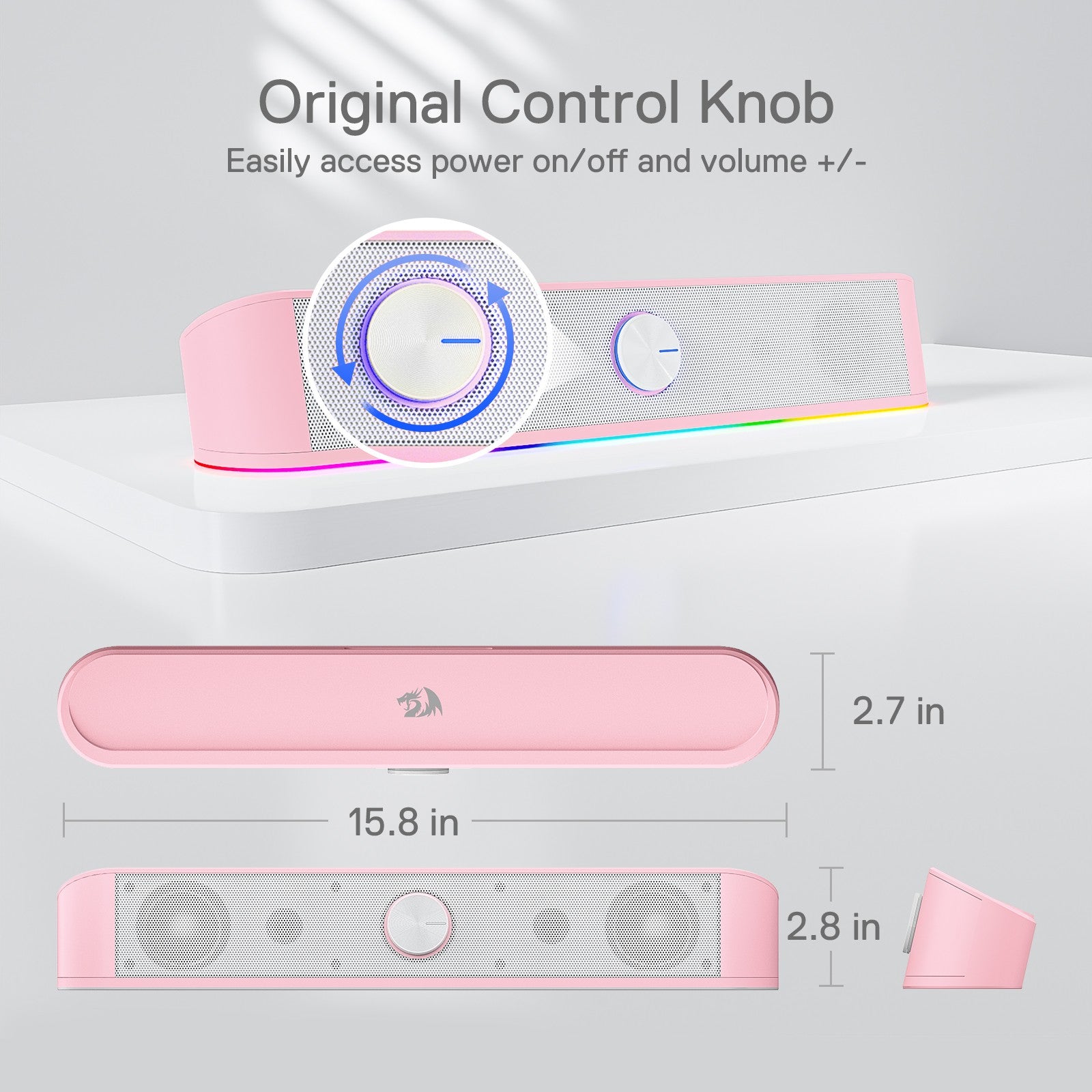 Redragon GS560 Adiemus RGB Desktop Soundbar, 2.0 Channel Computer Speaker with Dynamic Lighting Bar Audio-Light Sync/Display, Pink