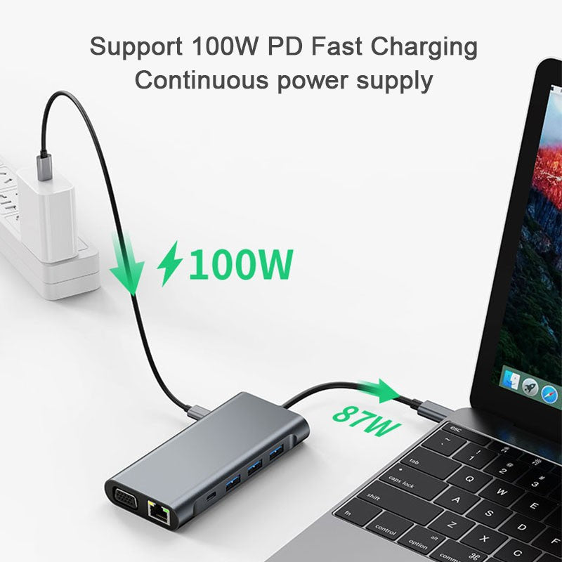 USB C HUB, USB C Adapter 10 in 1 Dongle with 4K HDMI, VGA, Type C PD, USB3.0/2.0, RJ45 Ethernet, SD/TF Card Reader Docking Station