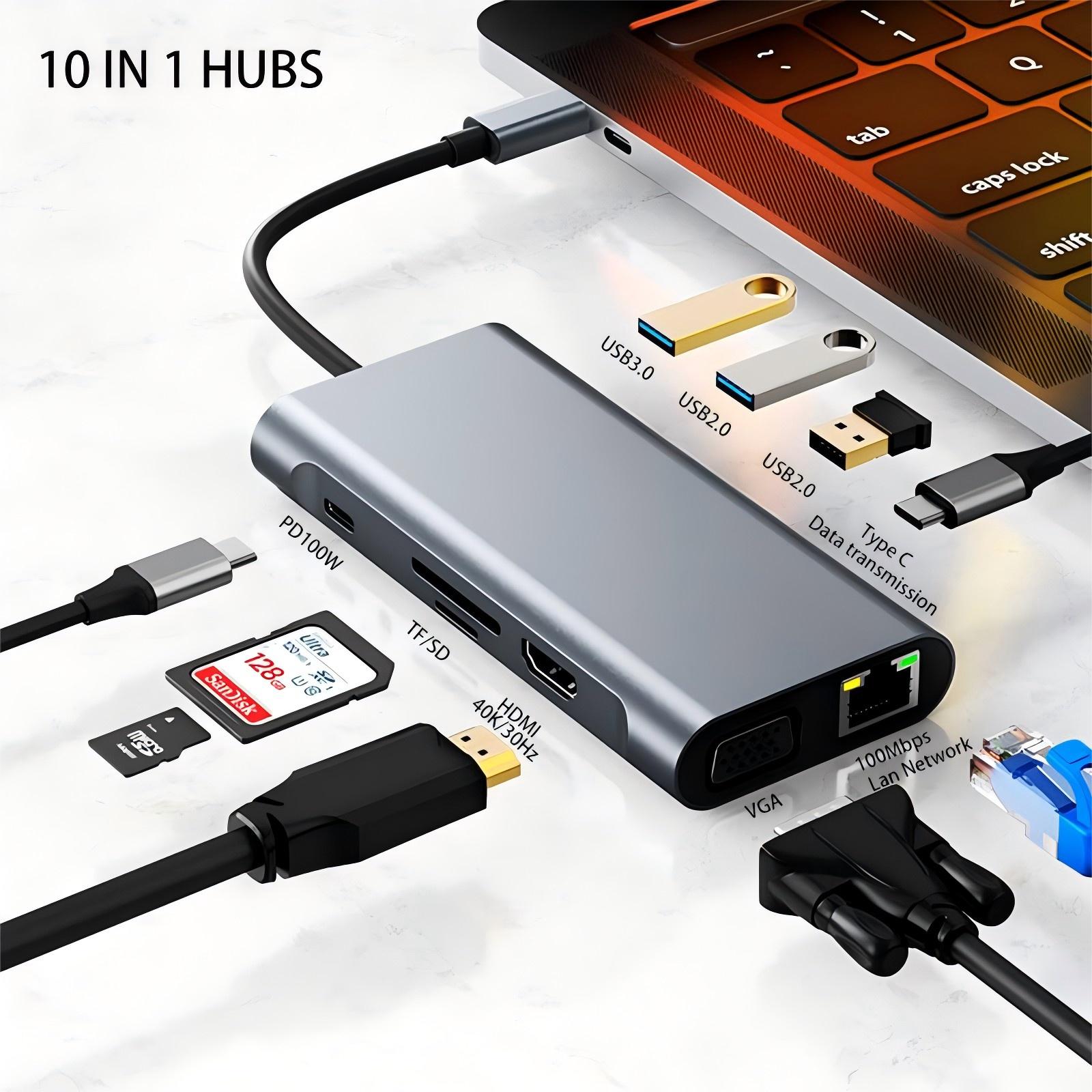 USB C HUB, USB C Adapter 10 in 1 Dongle with 4K HDMI, VGA, Type C PD, USB3.0/2.0, RJ45 Ethernet, SD/TF Card Reader Docking Station