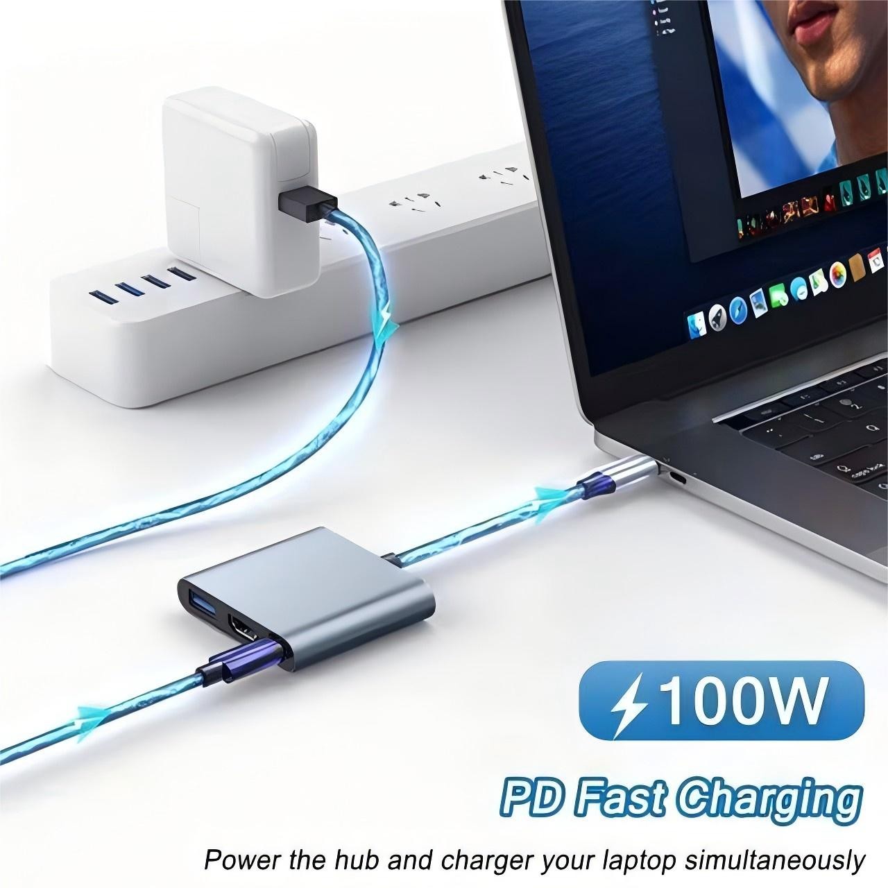 USB C Hub 4K HDMI, 3 in 1 USB C Adapter, USB Type C Hub with HDMI, USB 3.0 Data Port, 100W PD, Multiport Adapter for MacBook Pro, Laptop