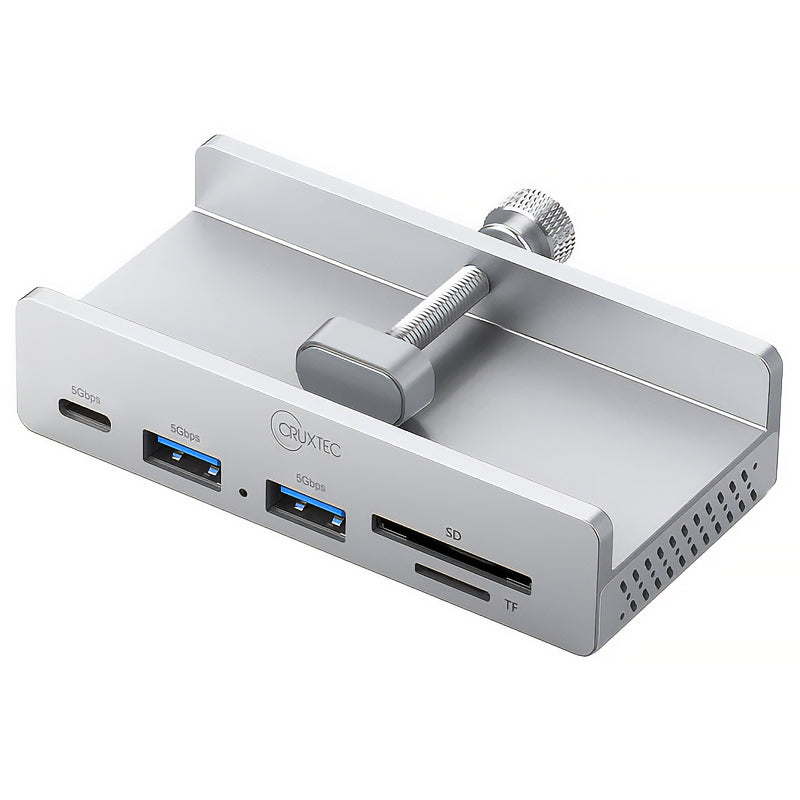 Cruxtec 5-Port Aluminum Clamp USB 3.0 Hub with USB-C Power Supply Port and Card Reader