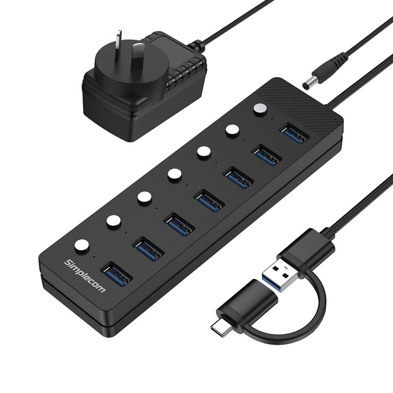 Simplecom 7 Port USB 3.0 Hub with Individual Switches and Power Adapter