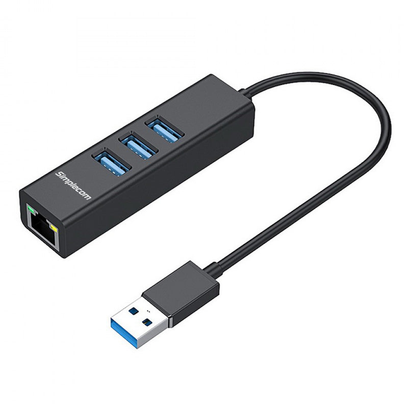 Simplecom 3 Port Aluminium USB-A Hub to USB-A with Gigabit Ethernet Adapter - Black