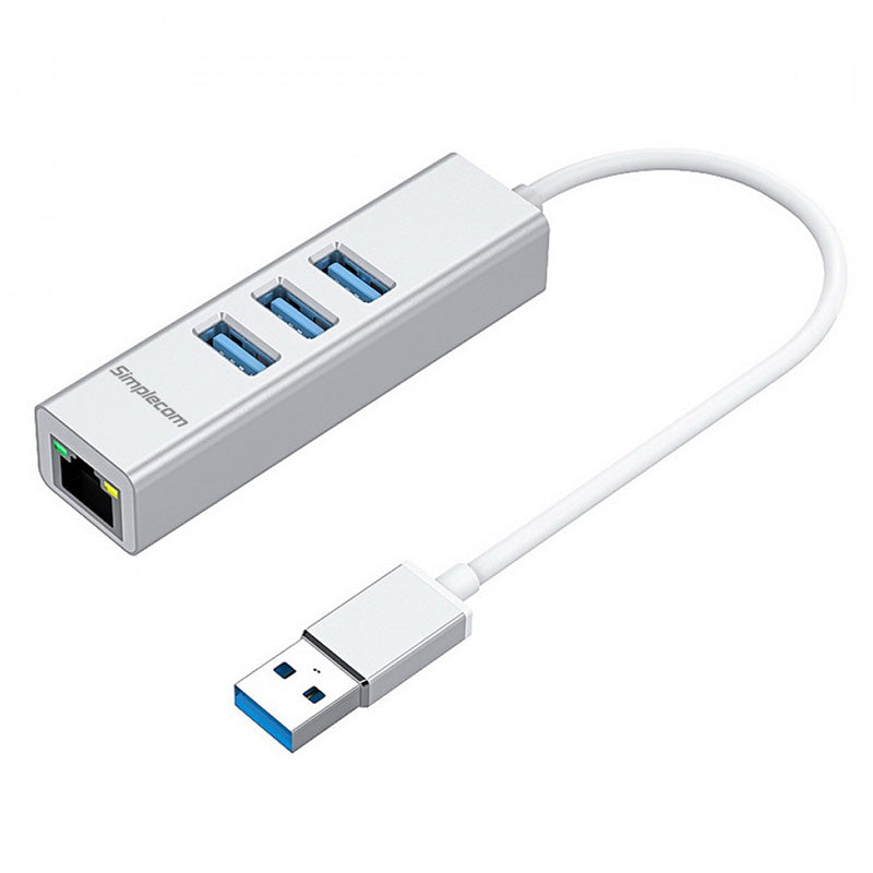 Simplecom 3 Port Aluminium USB-A Hub to USB-A with Gigabit Ethernet Adapter - Silver