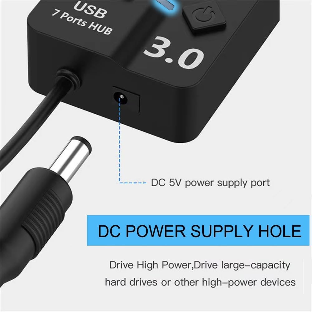 USB Hub 3.0 USB Hub Splitter 7-Port USB Extension with Individual On/Off Switches and Lights 4ft Long Cable USB 3.0 Hub Splitter