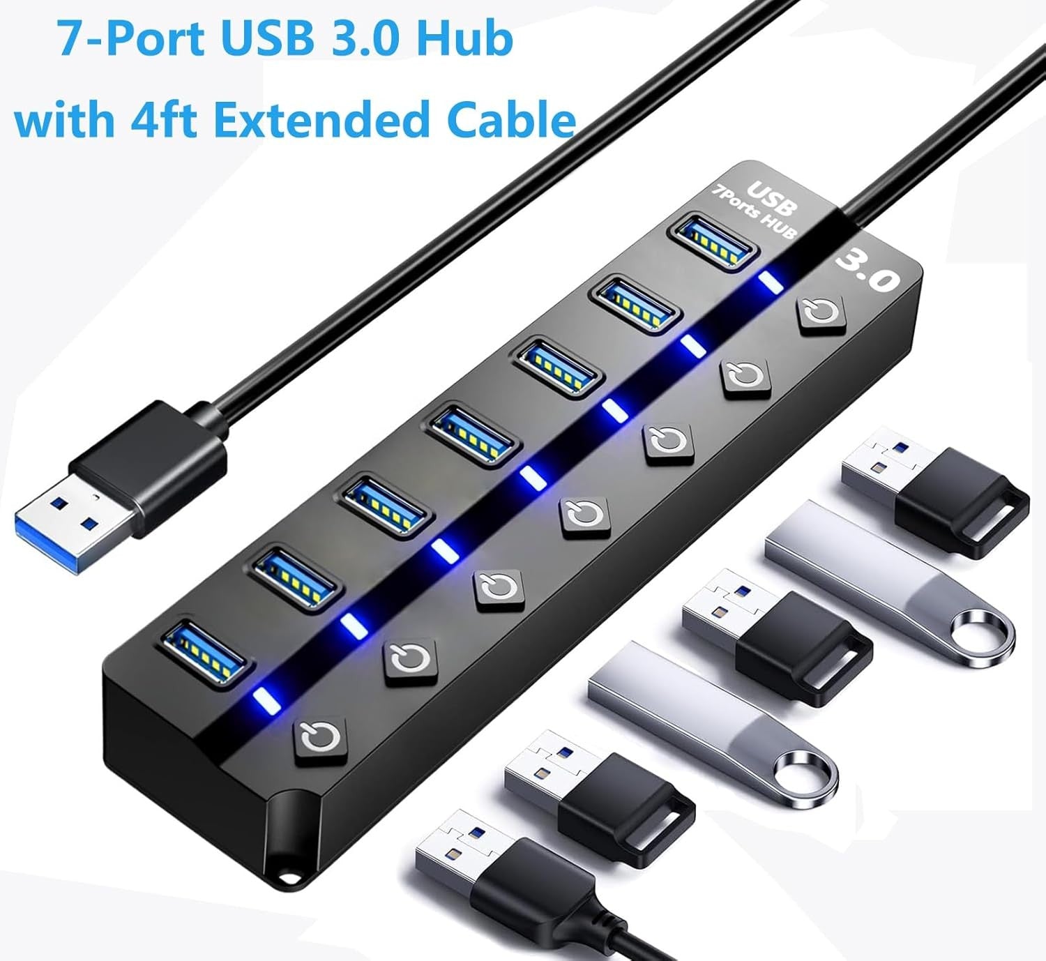 USB Hub 3.0 USB Hub Splitter 7-Port USB Extension with Individual On/Off Switches and Lights 4ft Long Cable USB 3.0 Hub Splitter