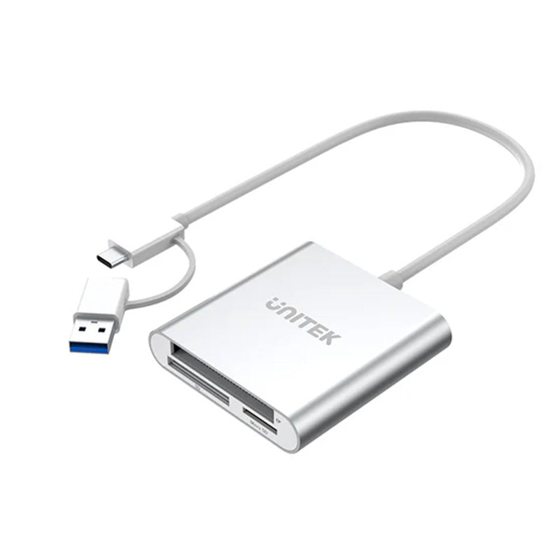Unitek 3 Port USB 3.0 Memory Card Reader with USB-C Adapter - Silver