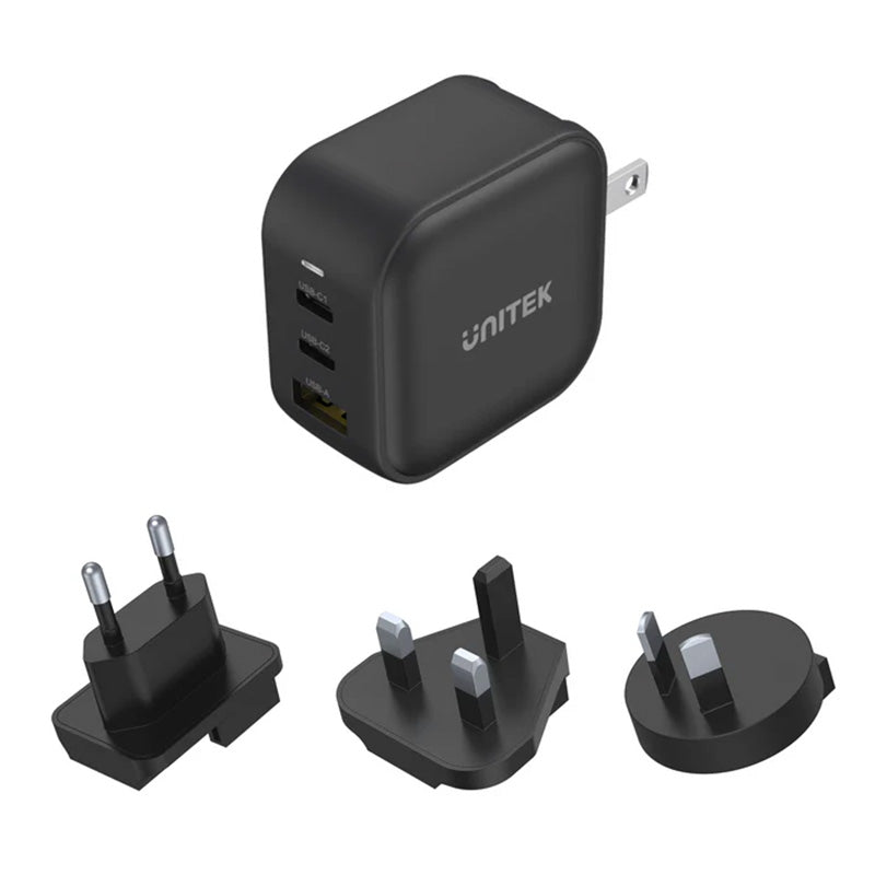 Unitek TRAVEL TRI GaN 3 Port 66W Travel Charger with USB PD and QC 3.0 - Black