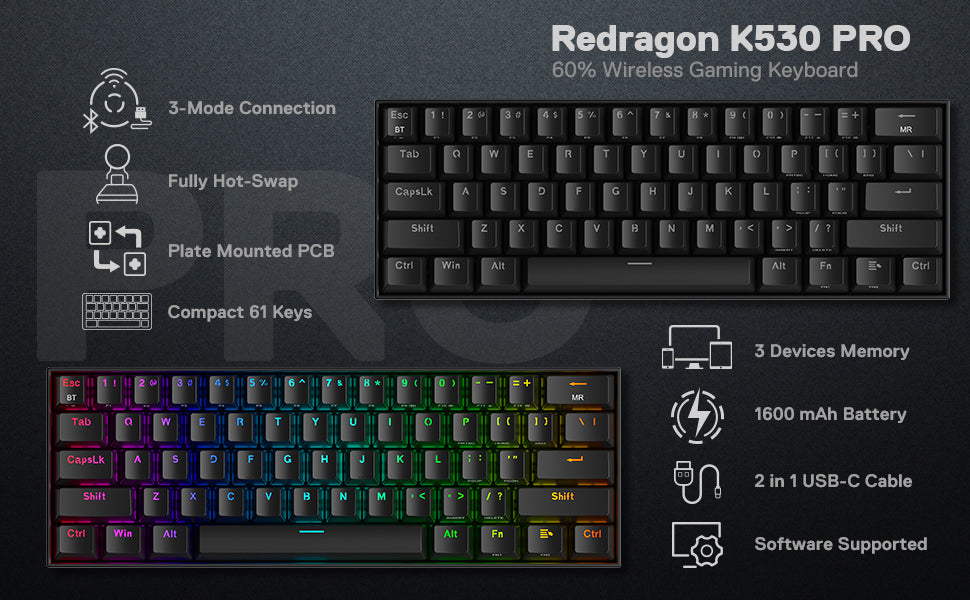 Redragon K530 Pro Draconic 60% Wireless RGB Gaming Mechanical Keyboard Hot-Swap BT/2.4Ghz/Wired 3-Mode 61 Keys Blue Switch