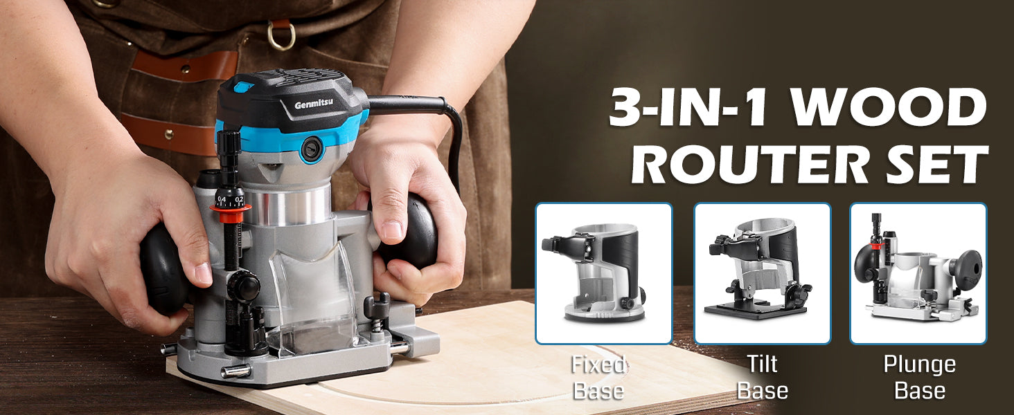 Genmitsu 1.25 HP Palm Trimmer Router Kit, Compact Router Wood Tool With Fixed Base/Plunge Base & Tilt Base, 6 Variable Speeds 10000-30000 R/MIN