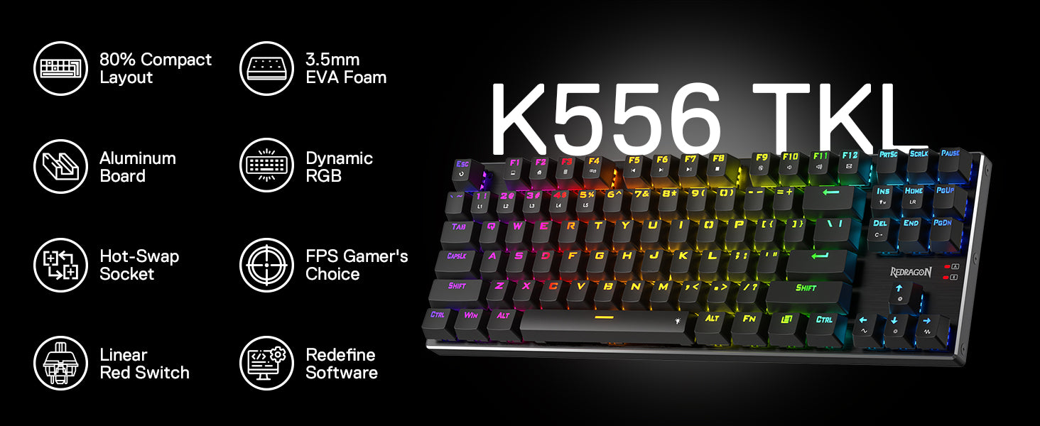 Redragon K556 TKL RGB Wired Gaming Mechanical Keyboard 80% 87 Keys Upgraded Hot-Swap Socket and Noise Absorbing Foams Red Switch