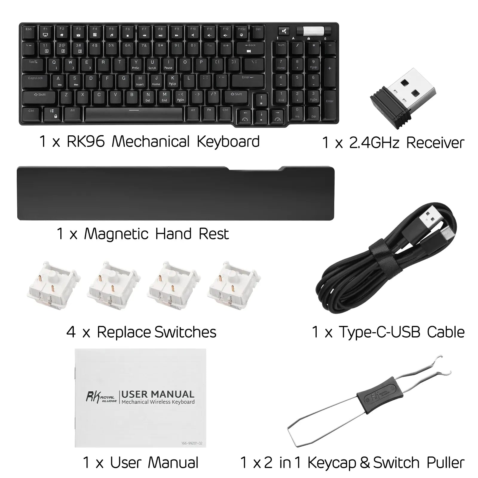 RK ROYAL KLUDGE RK96 90% 96 Keys BT5.0/2.4G/USB-C Hot Swappable Mechanical Keyboard with Magnetic Hand Rest, Blue Backlight, Red Switch, Black Color