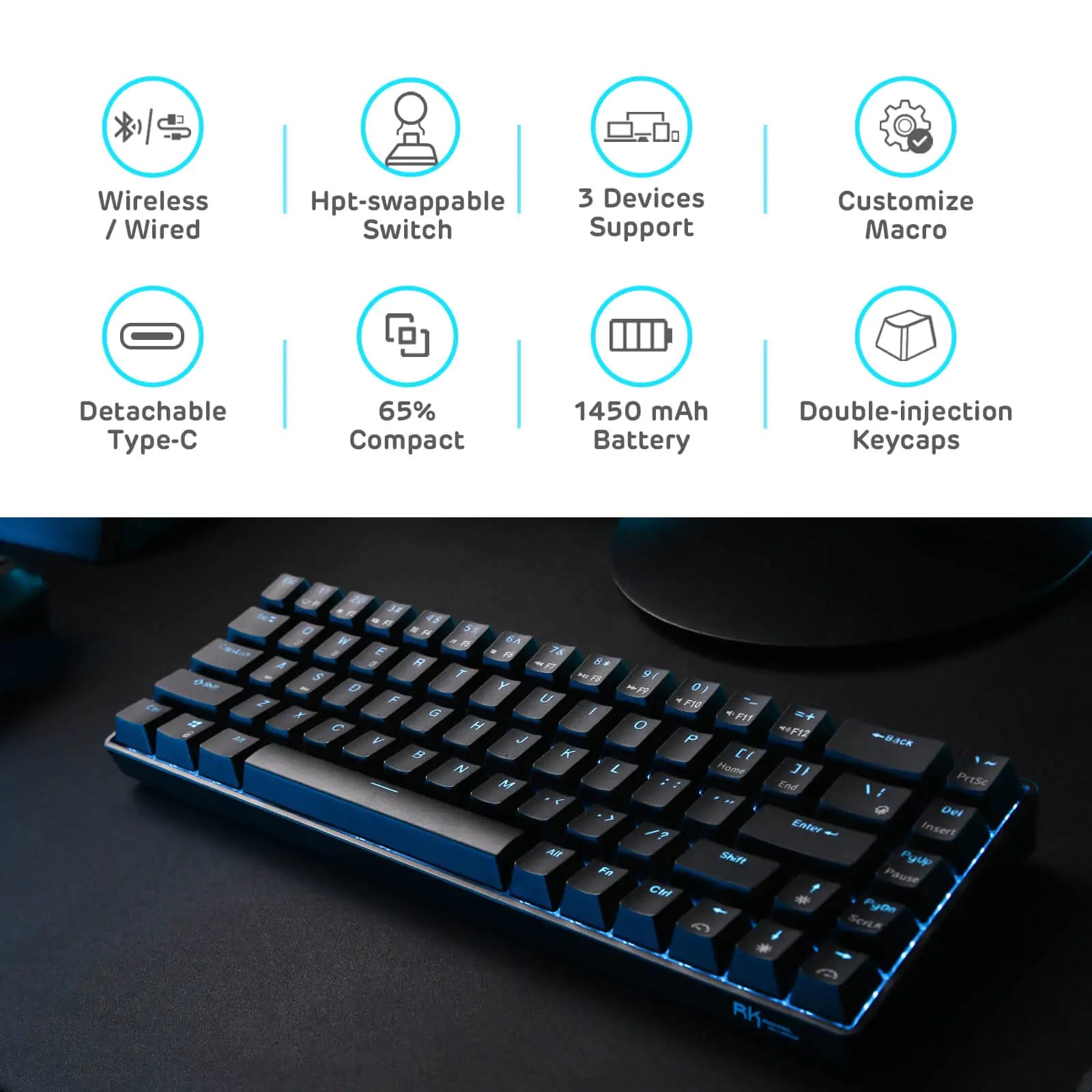 RK ROYAL KLUDGE RK68 65% Hot-Swappable Wireless Mechanical Keyboard, Red Switch，Black Case